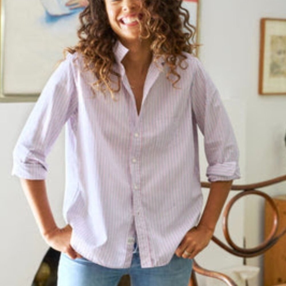 NWOT Frank and Eileen, relaxed button down, Navy and Pink Stripe, Superluxe